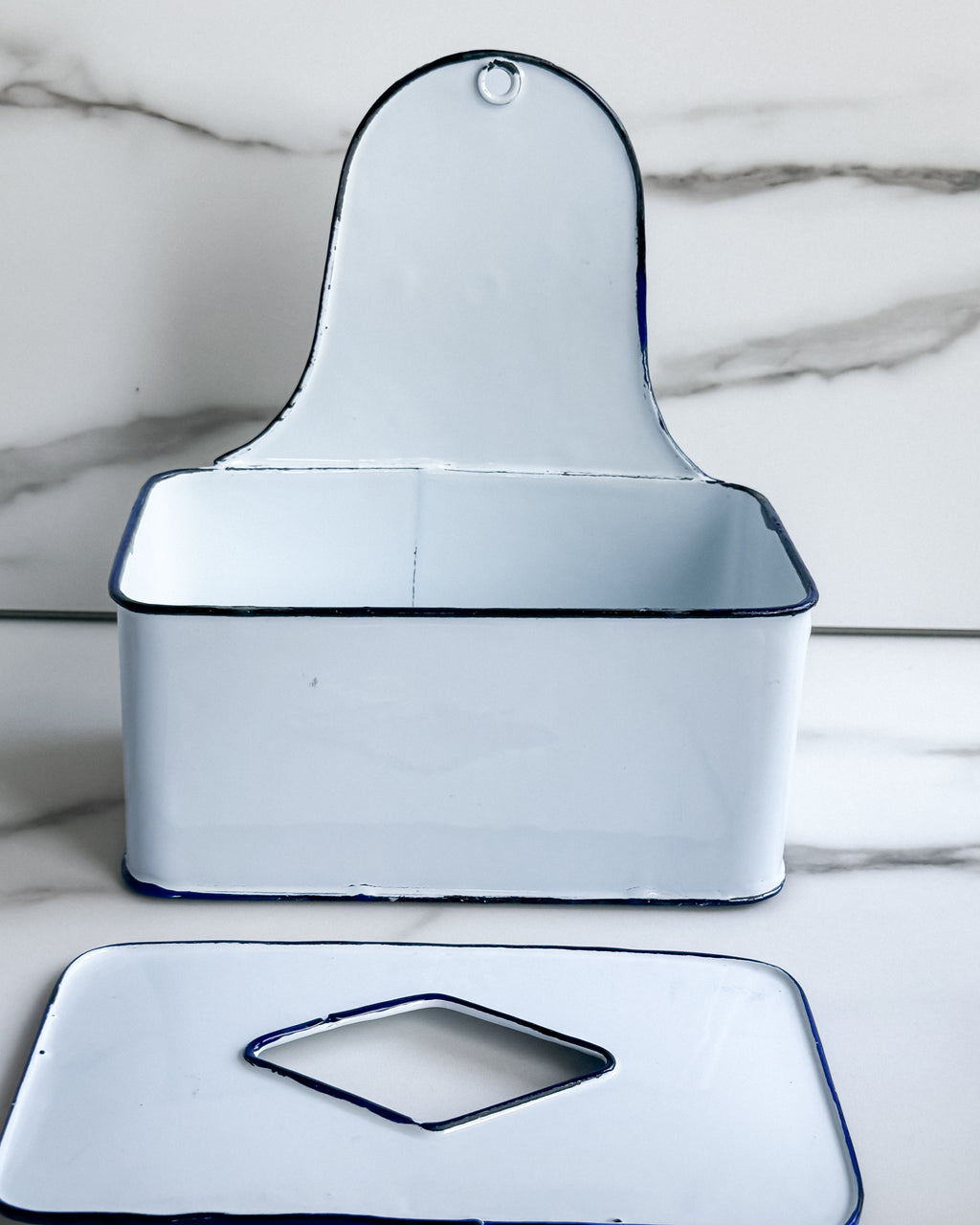 Vintage White Enamelware Wall-Mount Container with Cobalt Blue Trim & Lid
