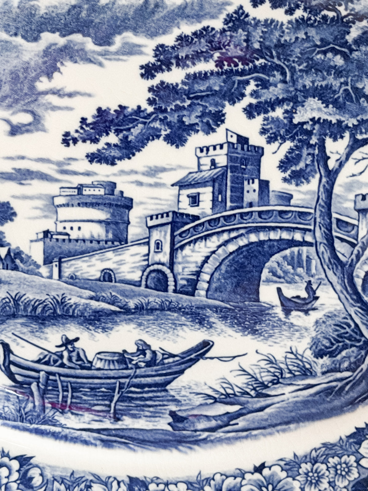 Vintage Blue & White Transferware Castle Scene Oval Wall Platter English Cottage Decor
