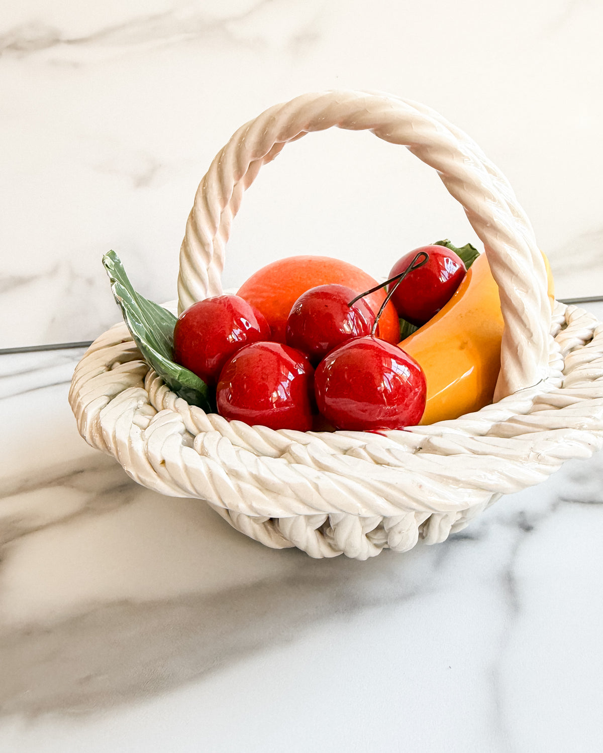 Vintage Italian Ceramic Woven Basket with Faux Fruit Made in Italy Majolica Fruit Centerpiece