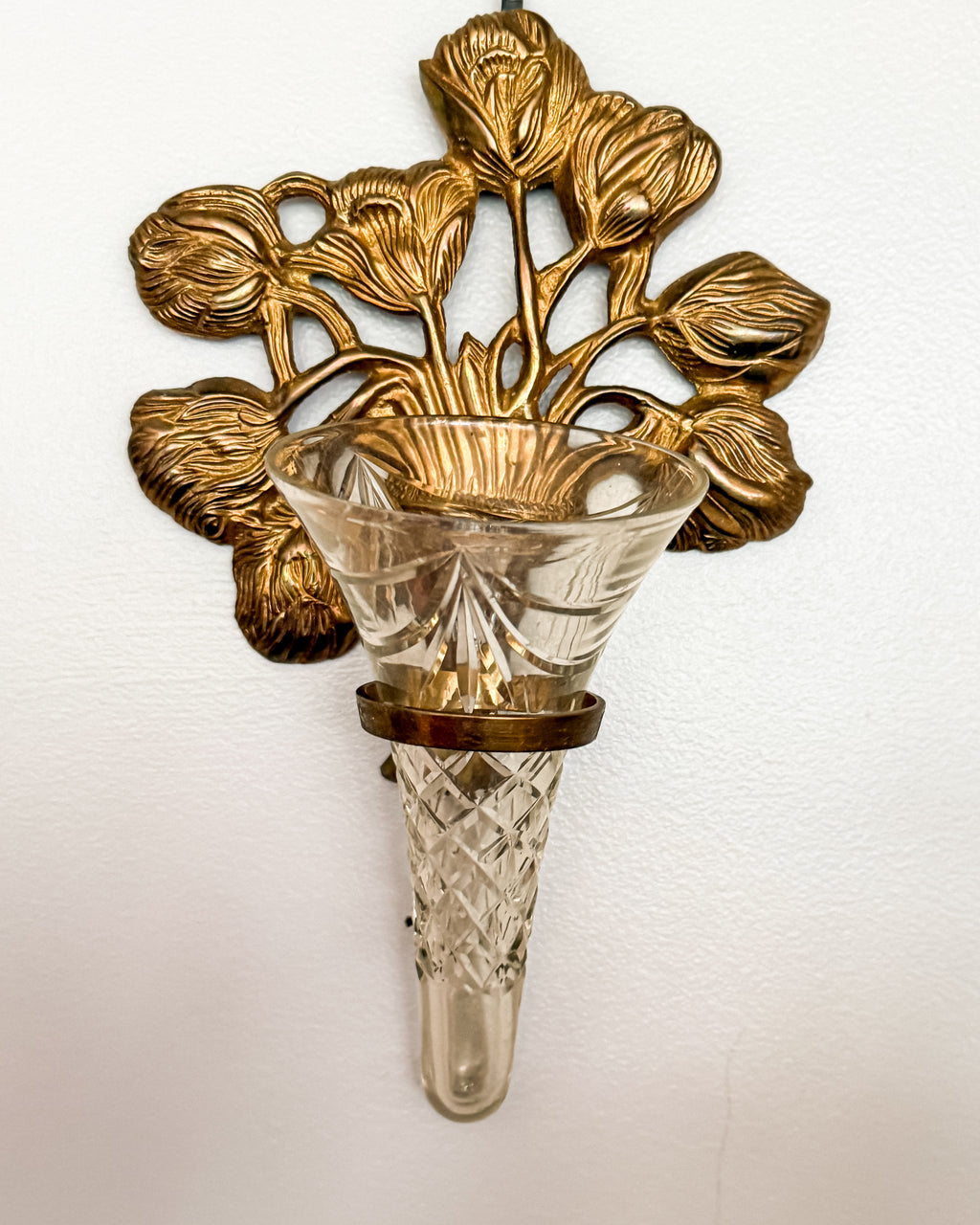 Vintage Brass Floral Wall Vase with Cut Crystal Glass Bud Vase Insert Ornate Botanical Wall Pocket