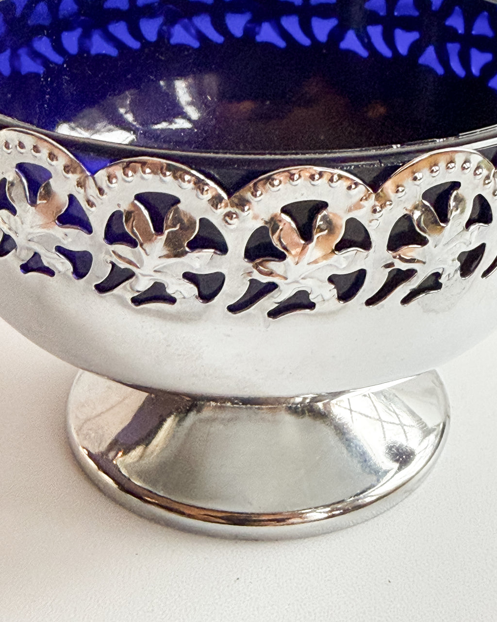 Vintage Cobalt Blue Glass Pedestal Bowl with Silver-Plated Filigree Rim Made in England