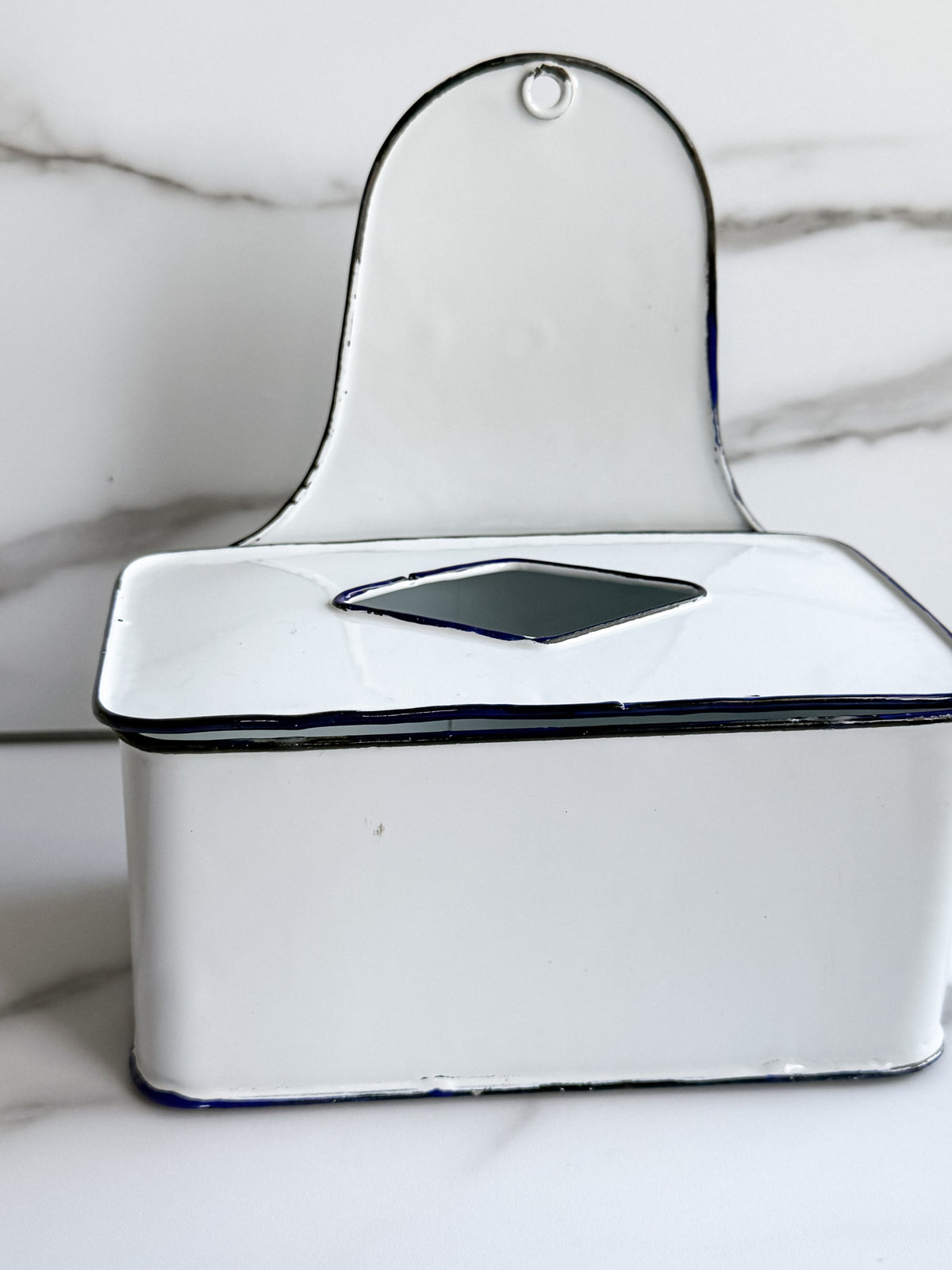 Vintage White Enamelware Wall-Mount Container with Cobalt Blue Trim & Lid
