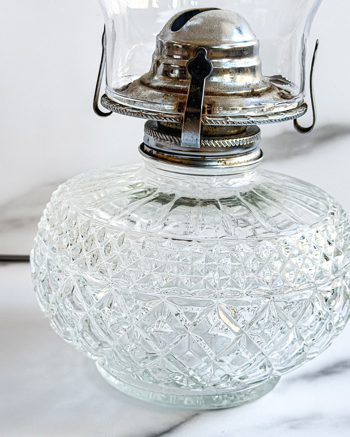 Vintage Austrian Crystal Glass Oil Lamp Diamond Pattern Hurricane Lamp