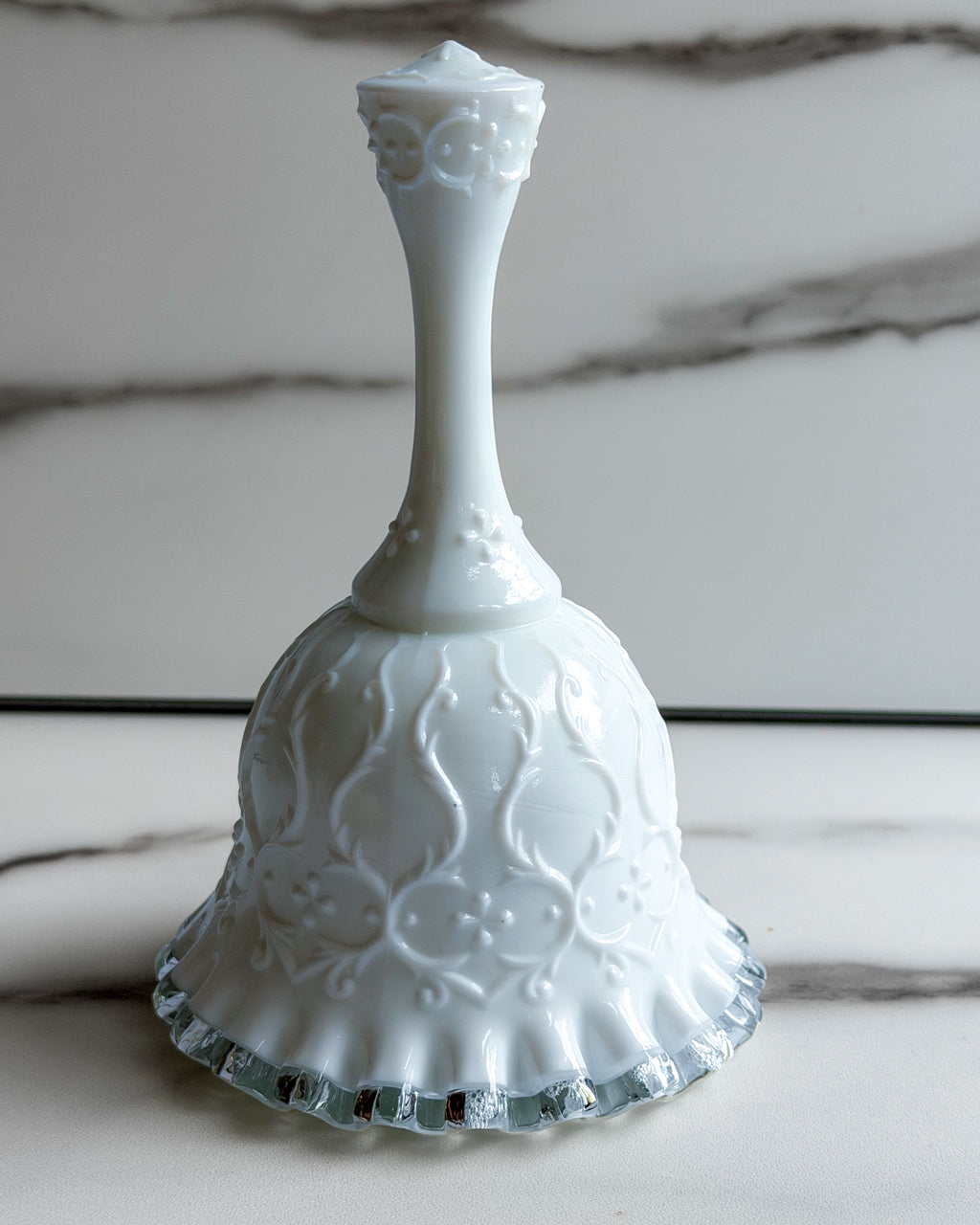 Vintage Fenton Milk Glass Bell White Floral Bell with Clear Crystal Ruffled Edge