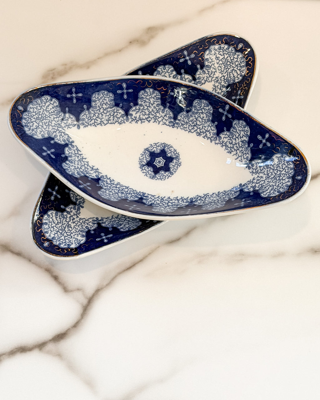Antique German Flow Blue Persian Moss Serving Dishes with Gold Trim – Blue & White China – Set of 2