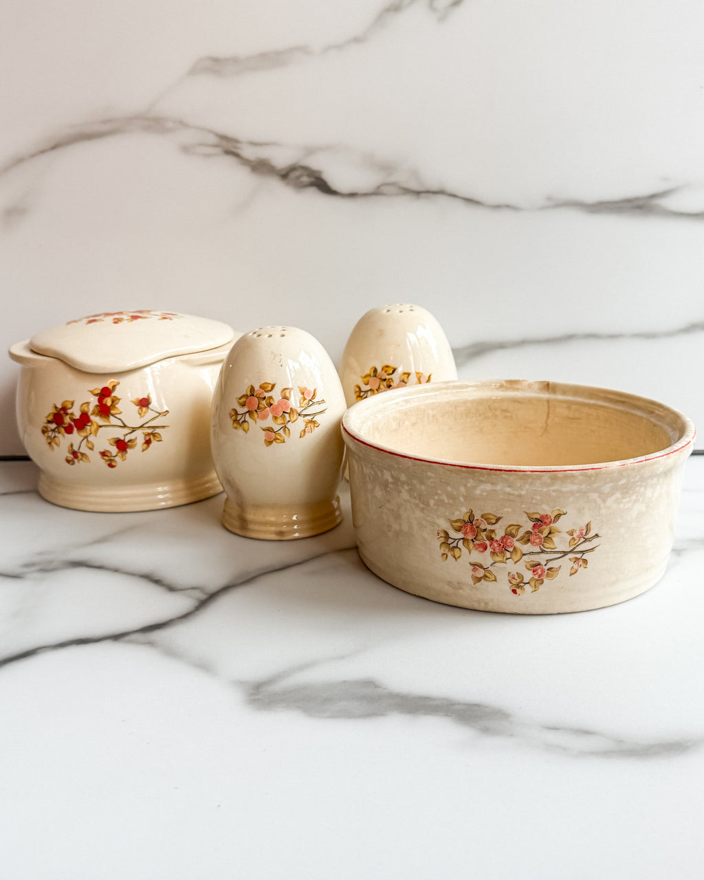 Antique Universal Cambridge Oven Proof Fruit & Blossom Pottery Set