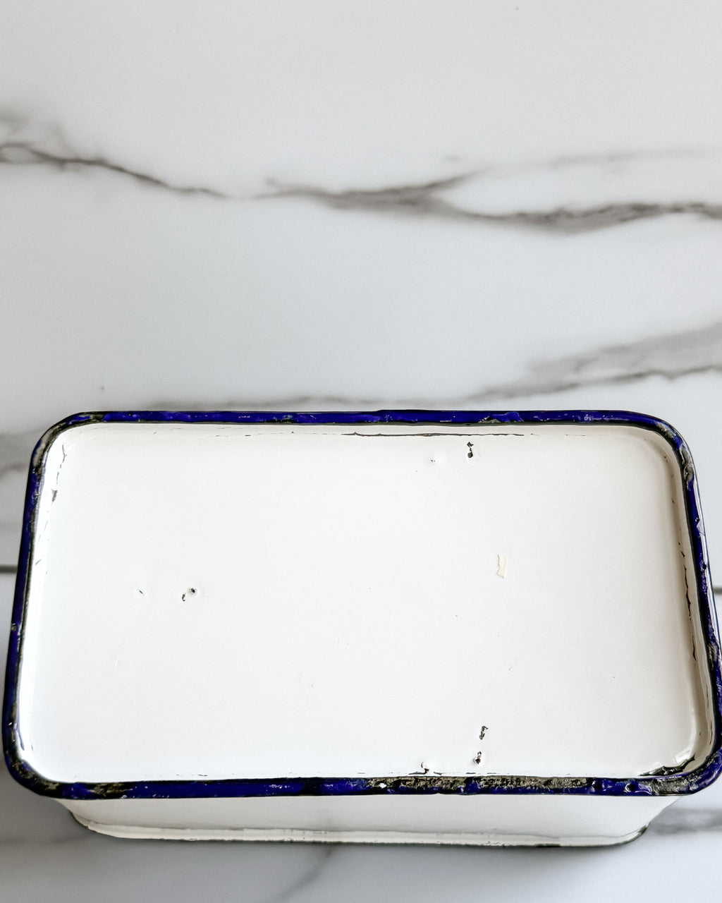Vintage White Enamelware Wall-Mount Container with Cobalt Blue Trim & Lid