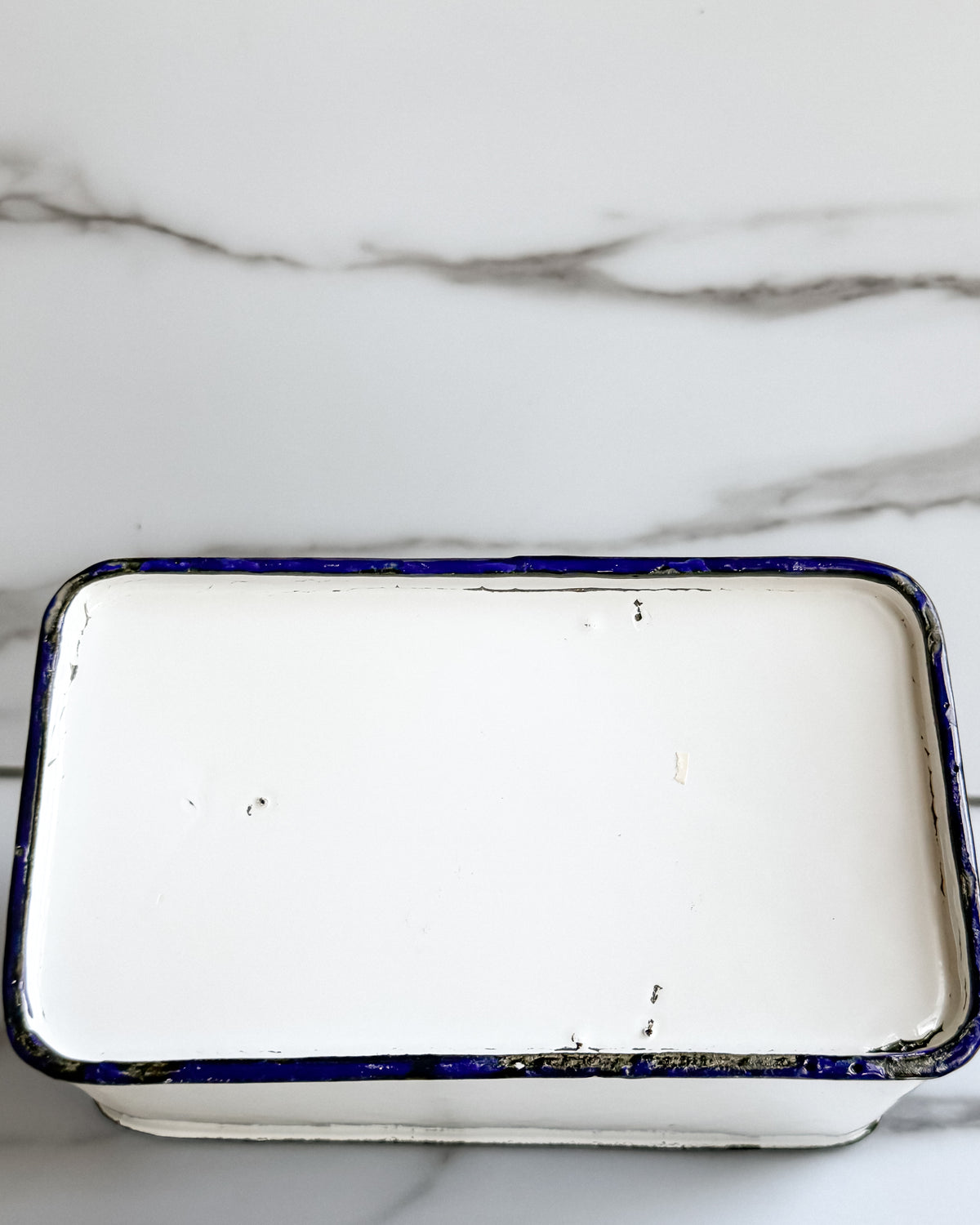 Vintage White Enamelware Wall-Mount Container with Cobalt Blue Trim & Lid
