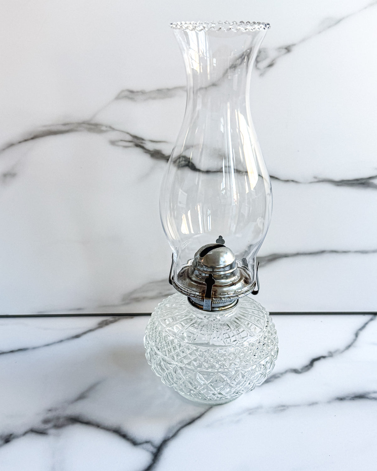 Vintage Austrian Crystal Glass Oil Lamp Diamond Pattern Hurricane Lamp