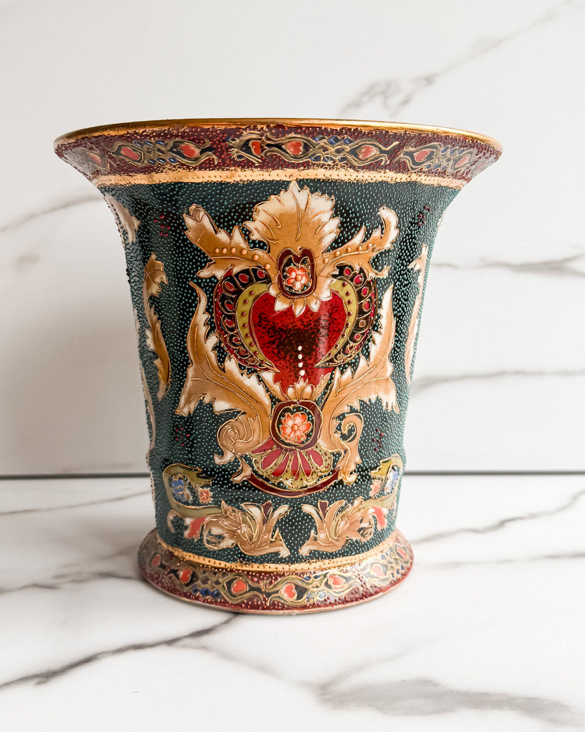 Vintage Japanese Moriage Vase Urn Raised Enamel Floral Design Green, Rust & Gold Large Decorative Vase