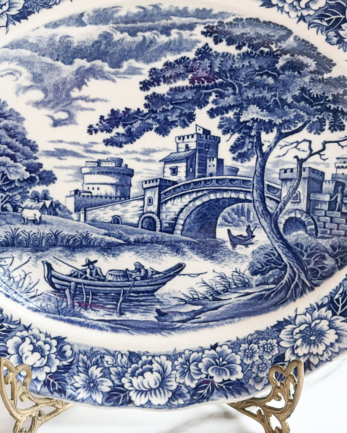 Vintage Blue & White Transferware Castle Scene Oval Wall Platter English Cottage Decor