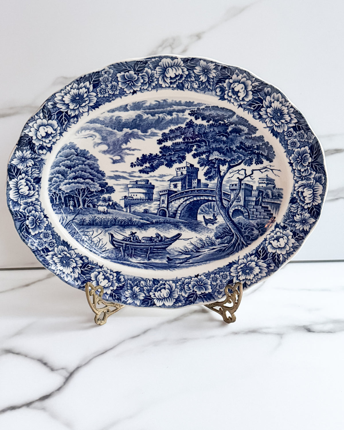 Vintage Blue & White Transferware Castle Scene Oval Wall Platter English Cottage Decor