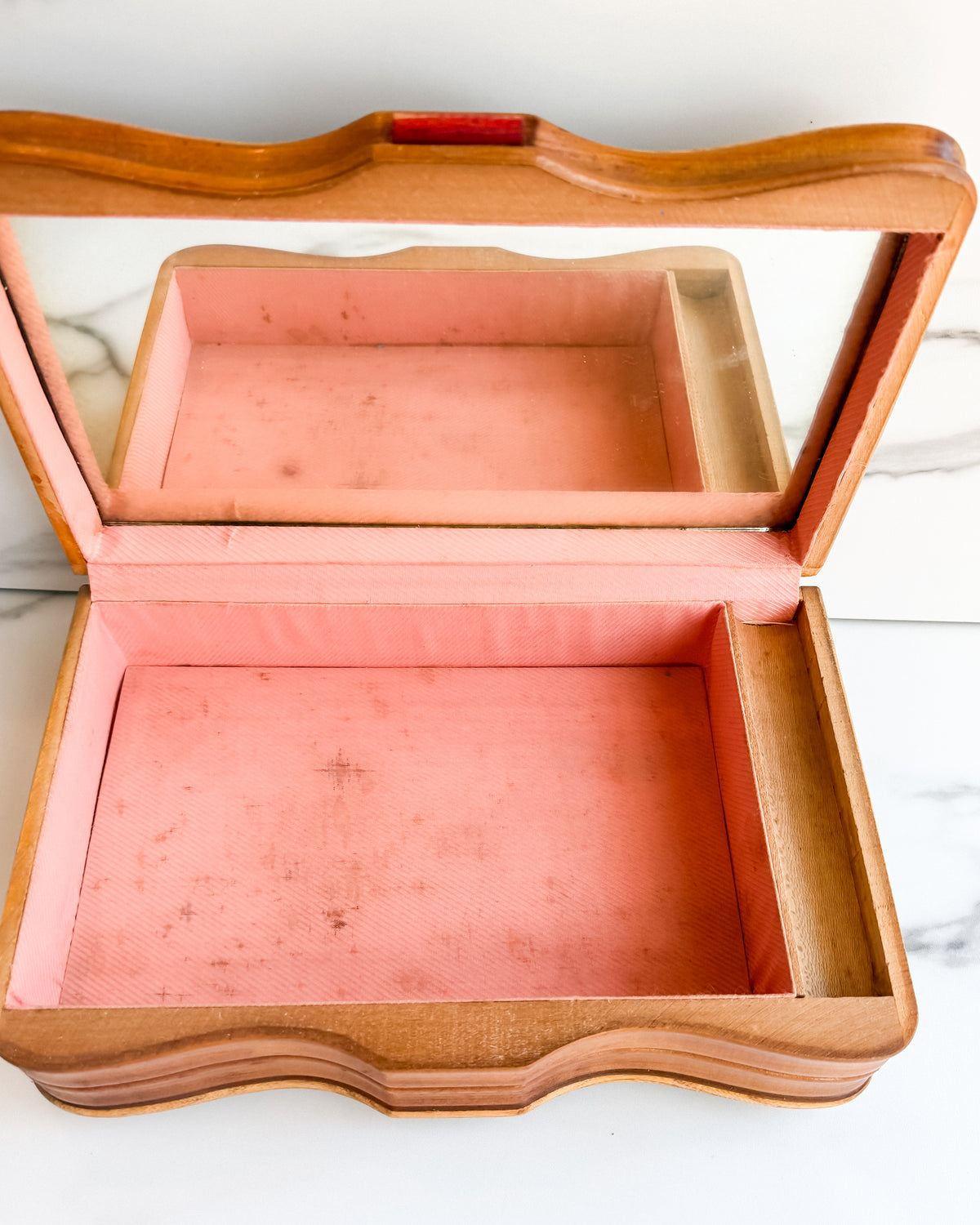 Vintage Carved Wood Jewelry Box with Mirror & Alpine Landscape Vanity Box