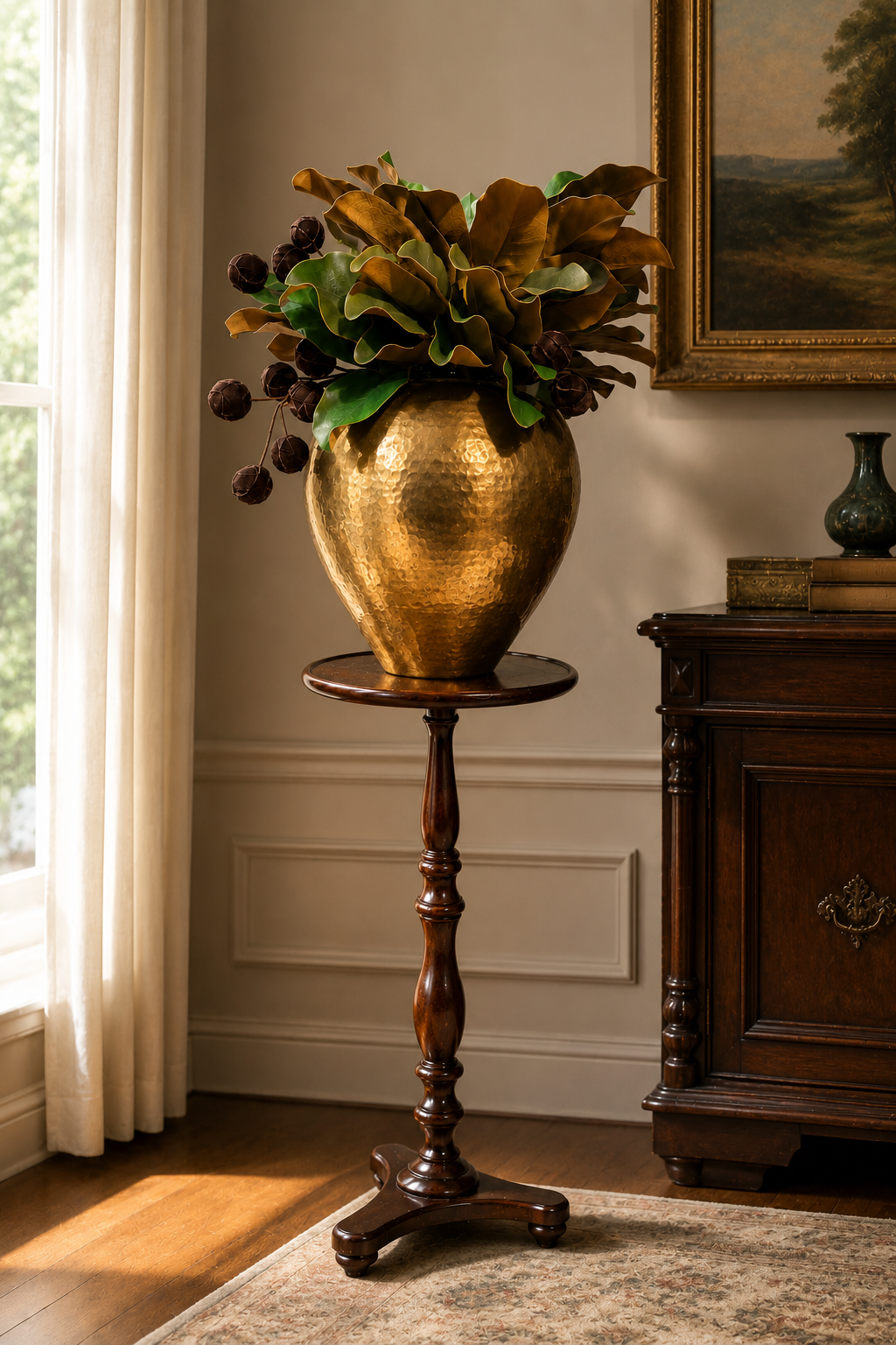 Grand Brass Vase with Faux Magnolia Arrangement