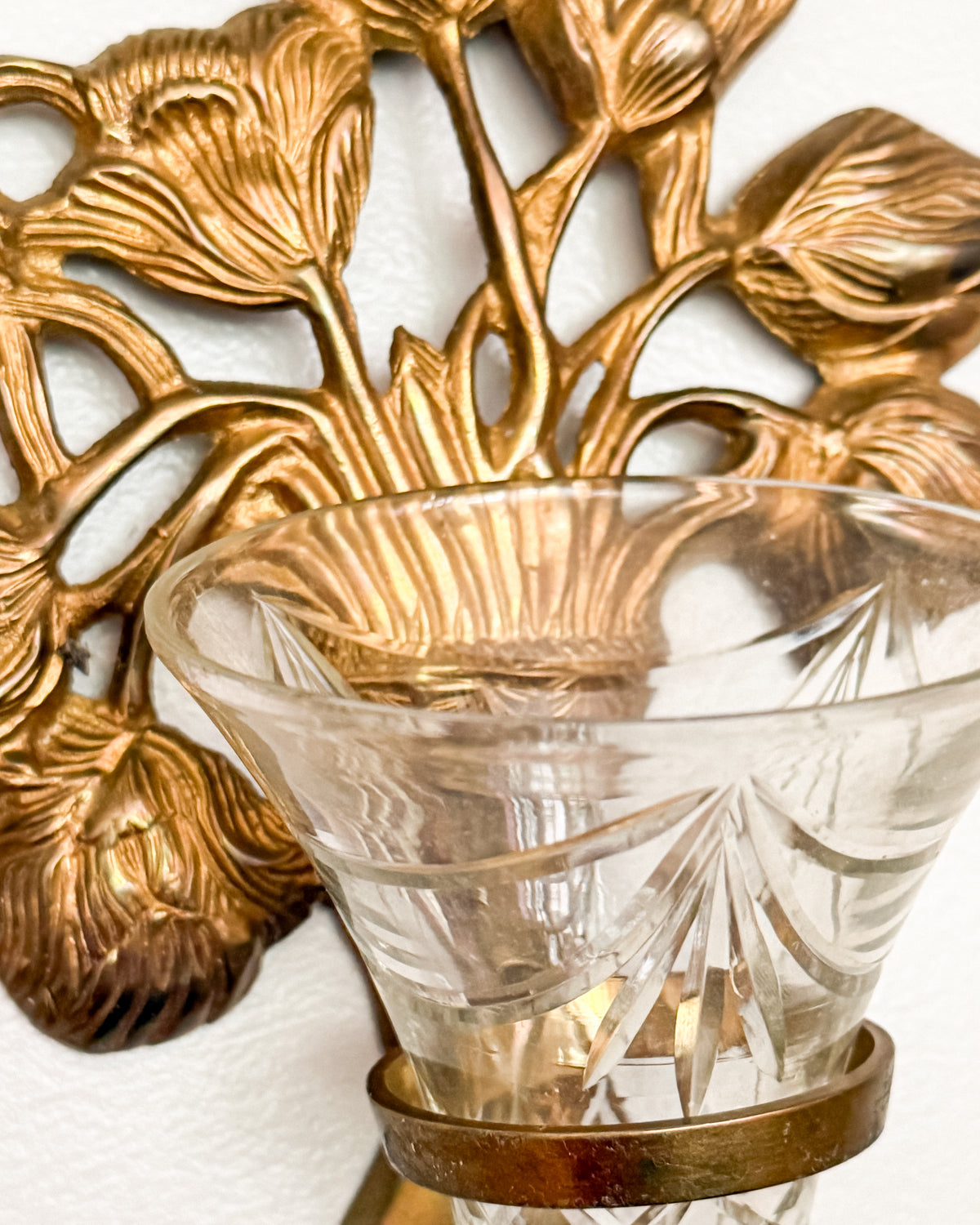 Vintage Brass Floral Wall Vase with Cut Crystal Glass Bud Vase Insert Ornate Botanical Wall Pocket