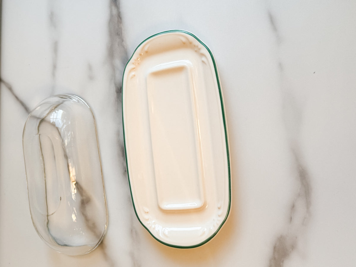 Vintage Pfaltzgraff Butter Dish with Clear Glass Dome Green Trim