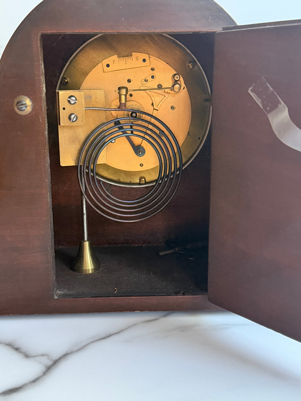 Vintage Mahogany Tambour Waltham Key Wind Mantel Clock with Pendulum & Key