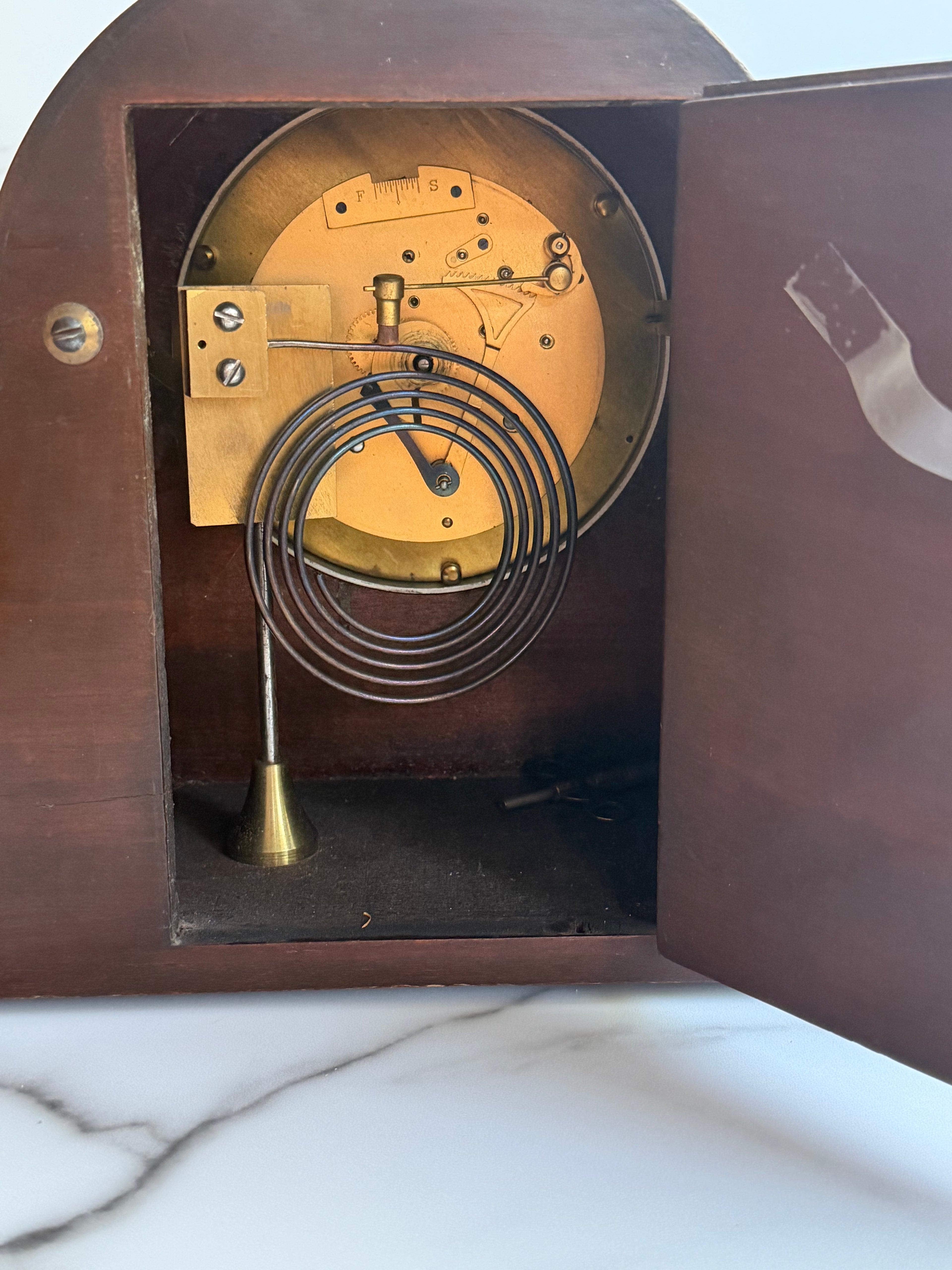 Vintage Mahogany Tambour Waltham Key Wind Mantel Clock with Pendulum & Key