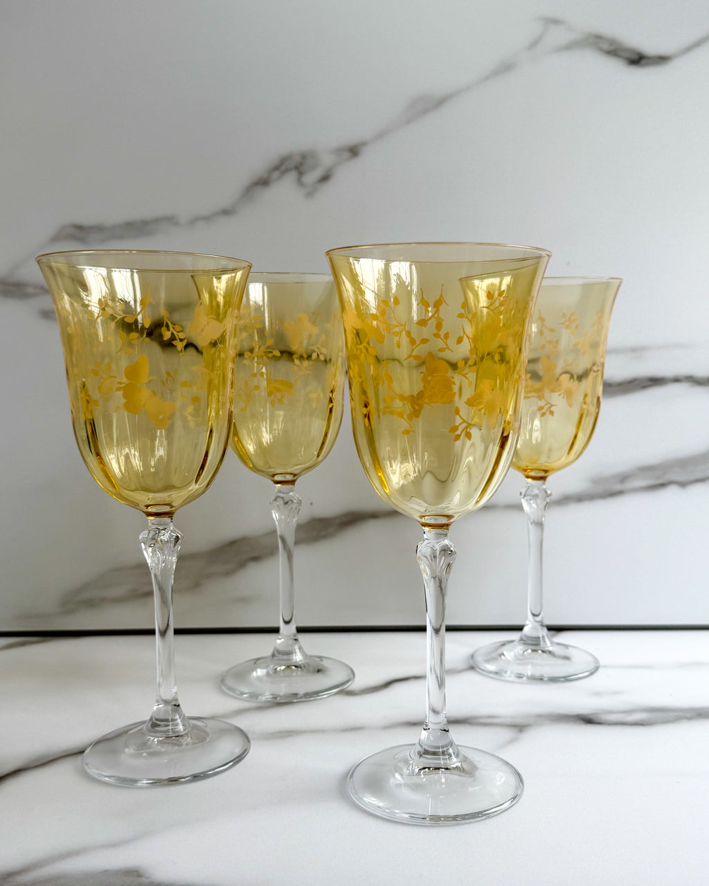 Vintage Amber Yellow Floral Wine Goblets Set of 4 Etched Flowers Clear Stem Glasses