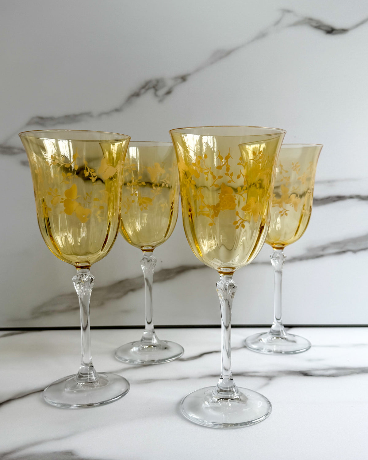 Vintage Amber Yellow Floral Wine Goblets Set of 4 Etched Flowers Clear Stem Glasses