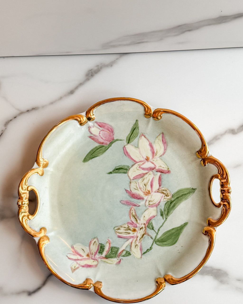 Antique PT Tirschenreuth Bavaria Hand Painted Floral Cake Plate w Gold Handles Made in Germany