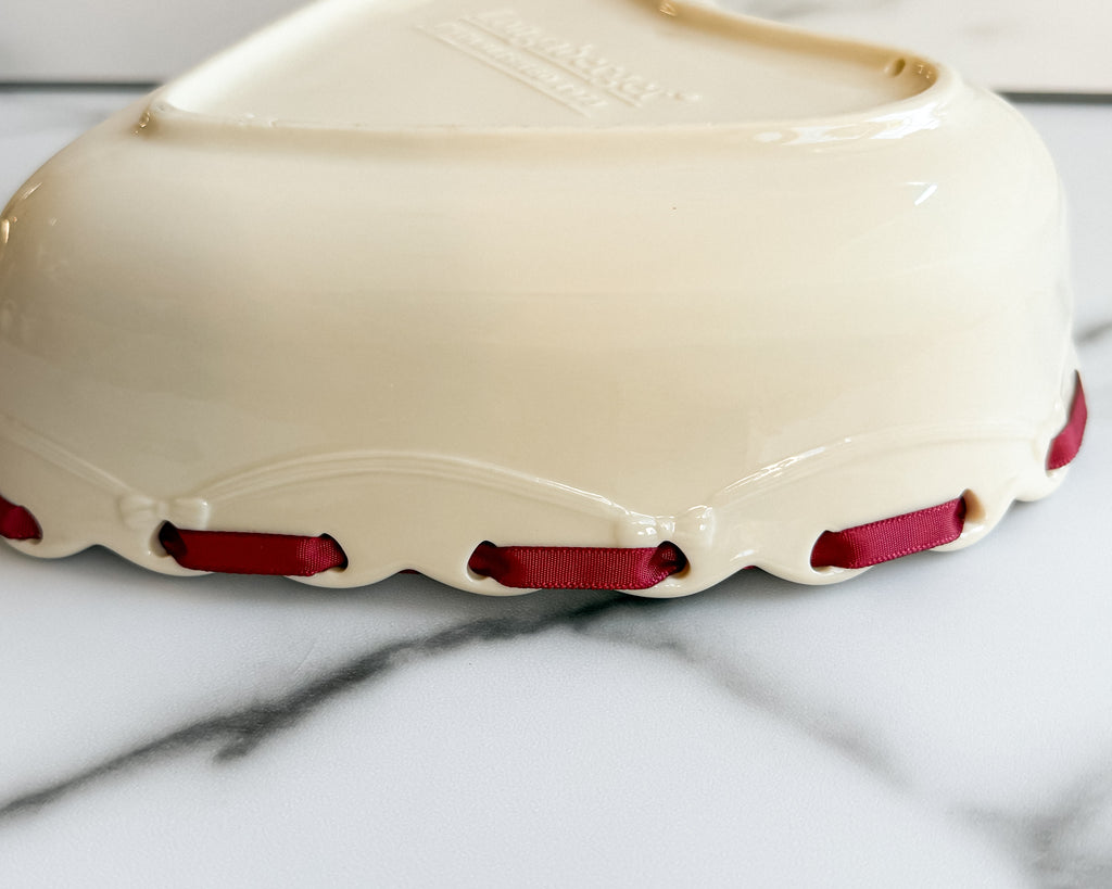 Longaberger Ivory Heart-Shaped Pottery Bowl Embossed Floral Design with Burgundy Ribbon