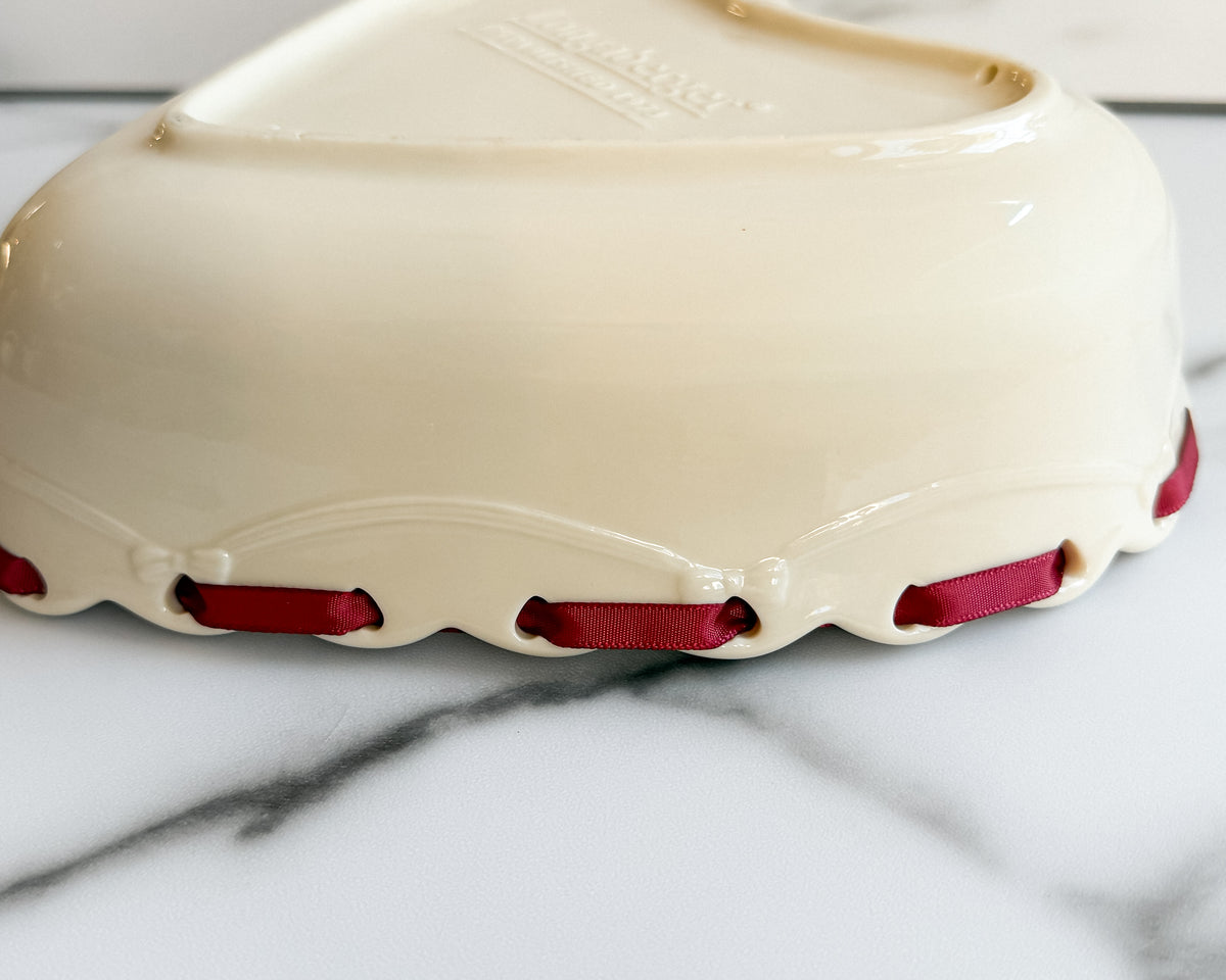 Longaberger Ivory Heart-Shaped Pottery Bowl Embossed Floral Design with Burgundy Ribbon