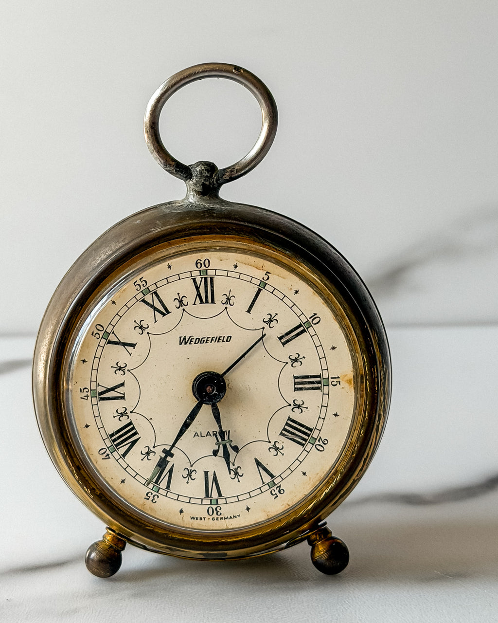 Vintage West German Wedgefield Alarm Clock Roman Numeral Brass Desk Clock