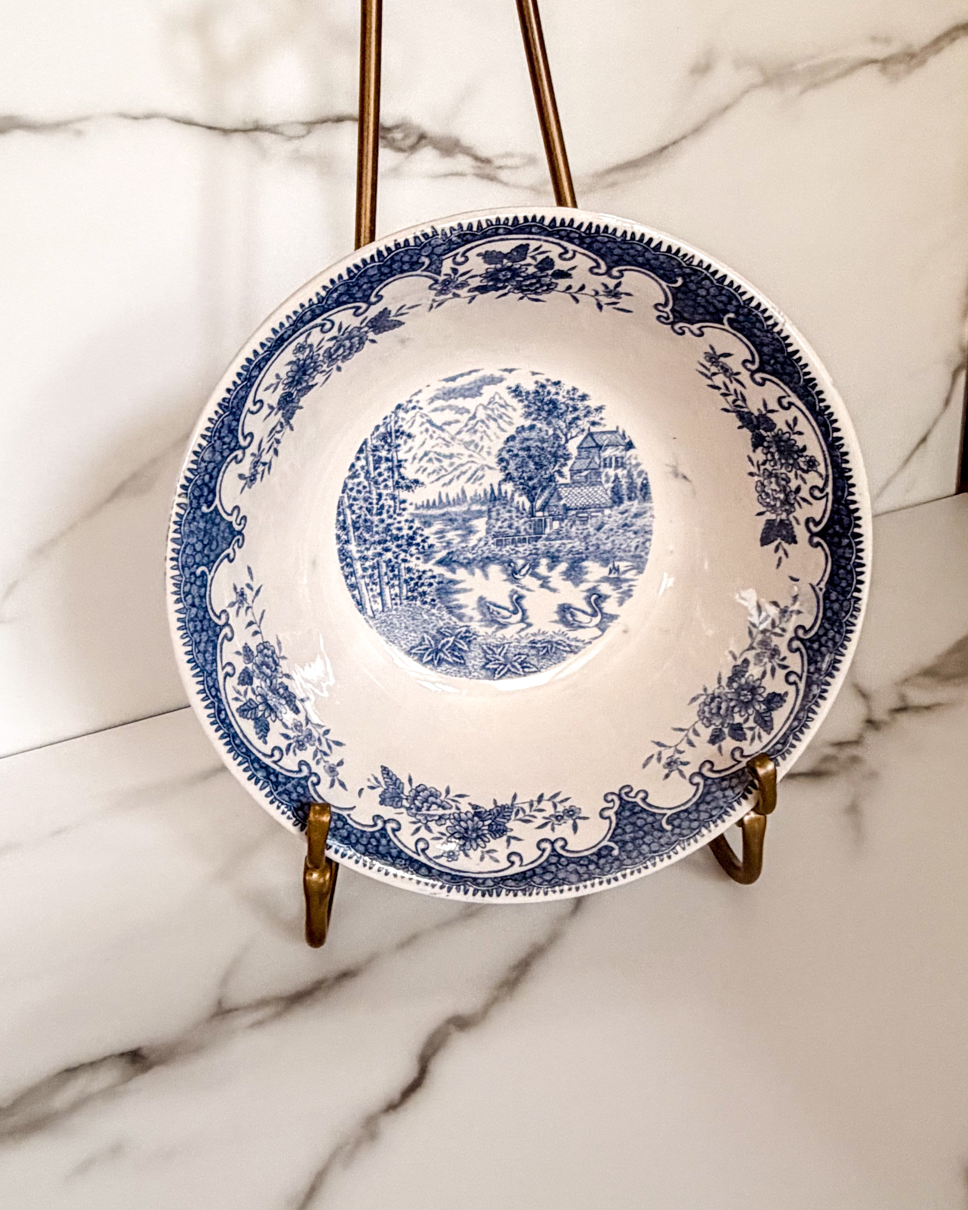 Vintage Blue & White English Village Transferware Serving Bowl | Made in Japan
