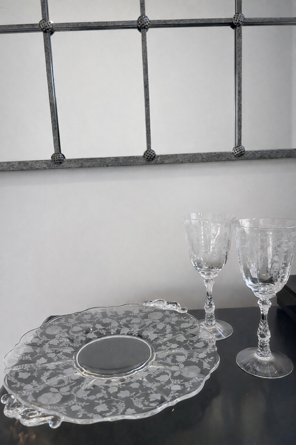 Vintage Etched Floral Glass Serving Plate