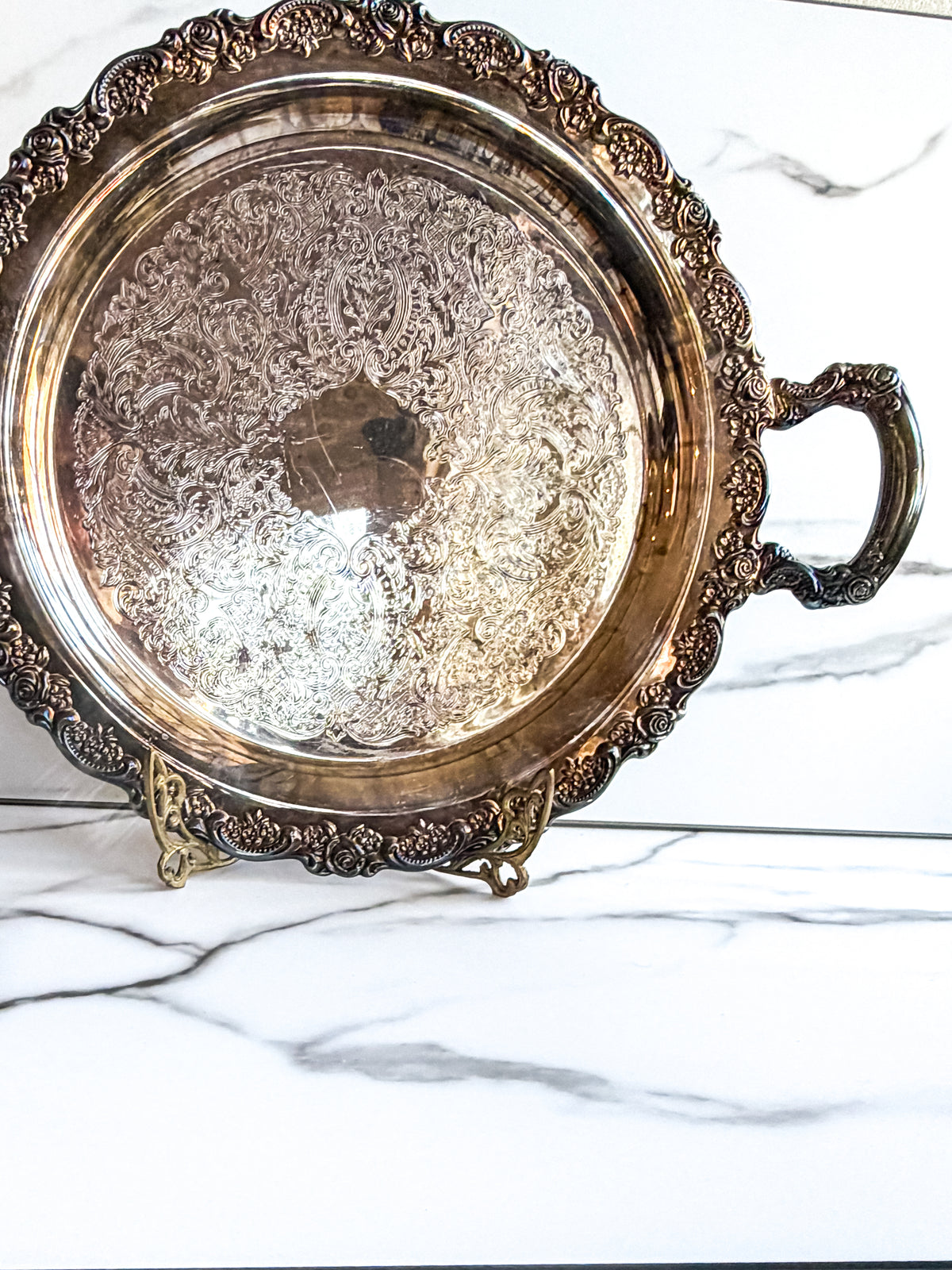 Vintage Oneida Silverplate Round Serving Tray Ornate Floral Engraved Gallery Tray with Handles