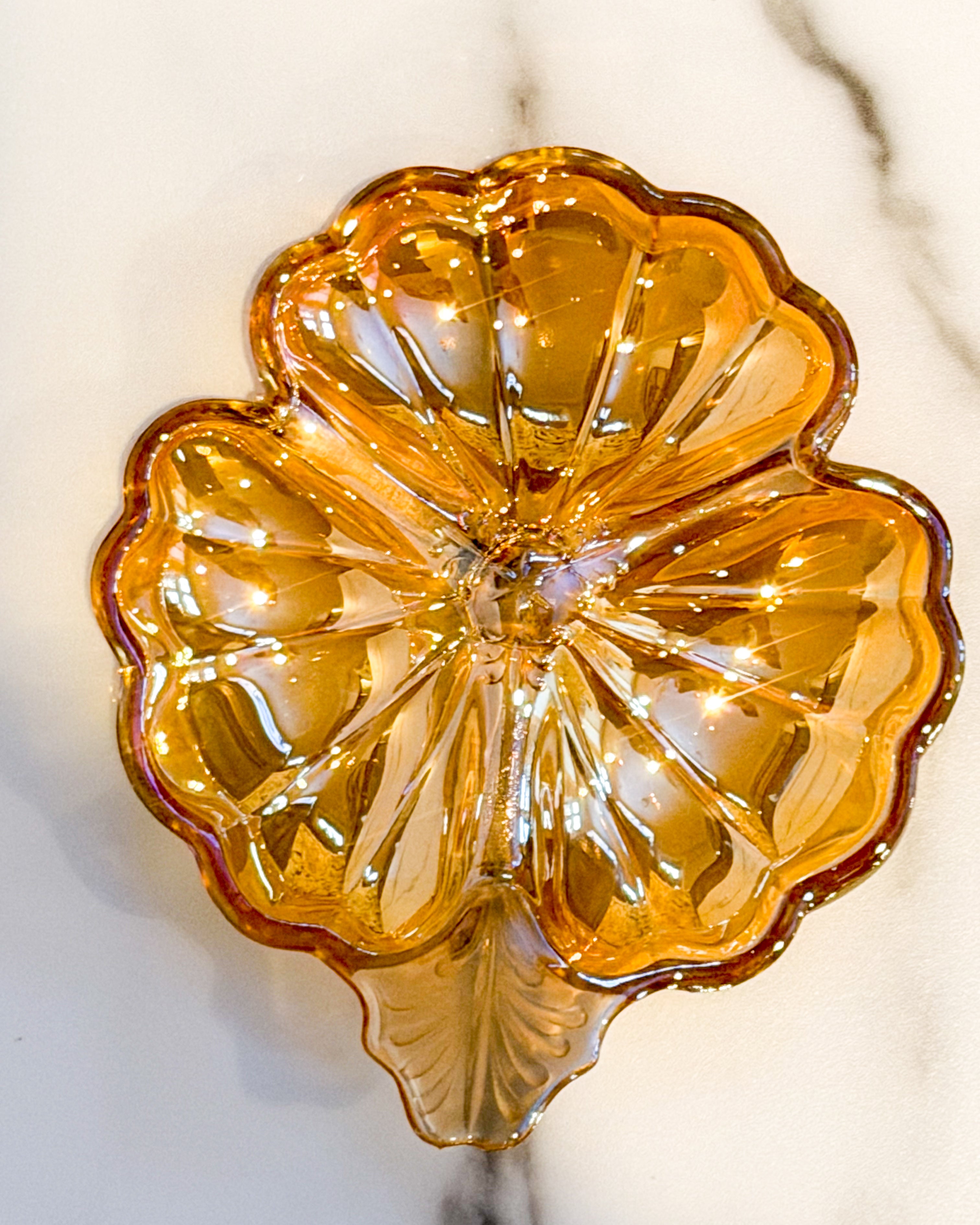 Jeanette Marigold Carnival Glass Clover Trinket Dish Iridescent Flower Shaped Jewelry Dish