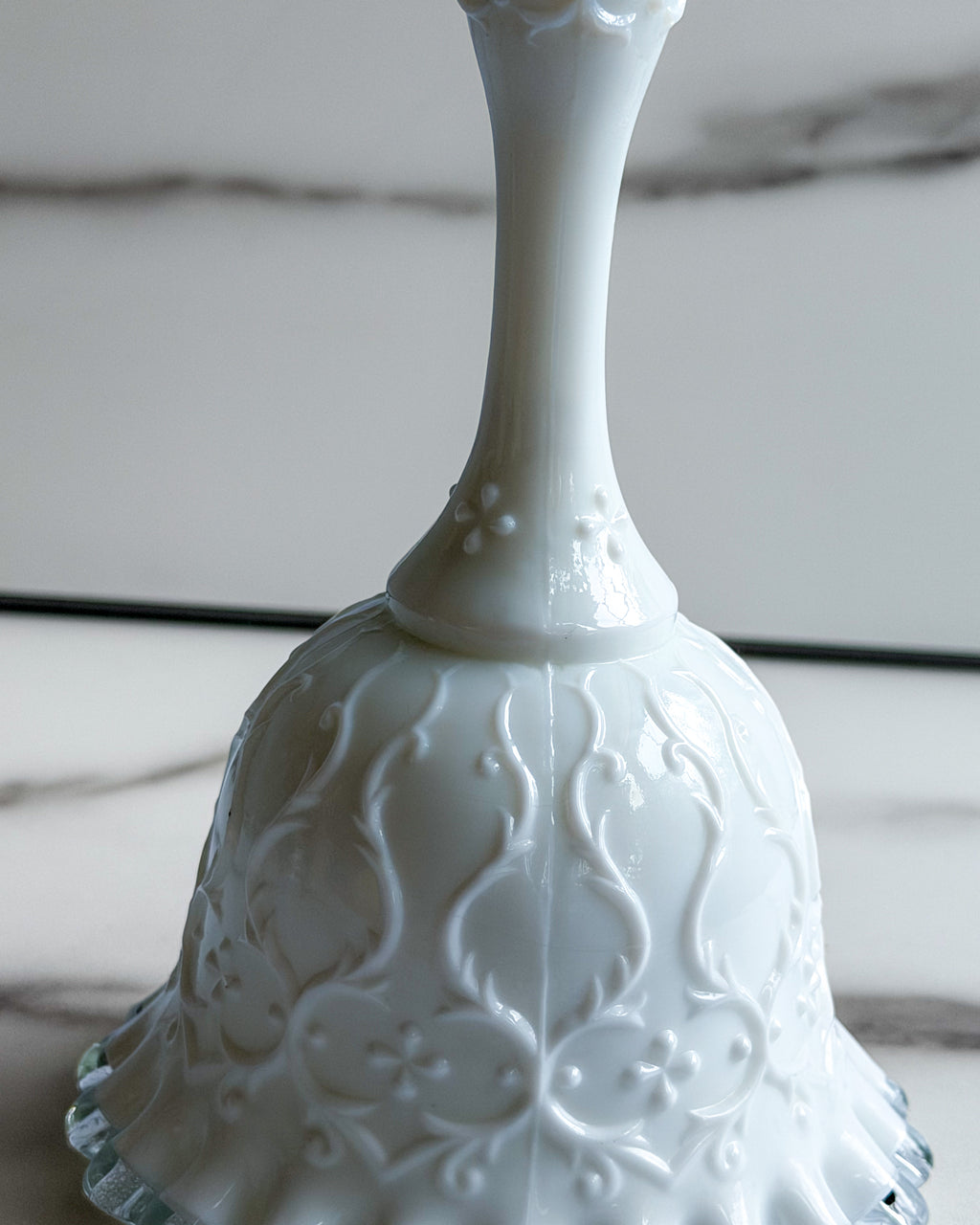 Vintage Fenton Milk Glass Bell White Floral Bell with Clear Crystal Ruffled Edge