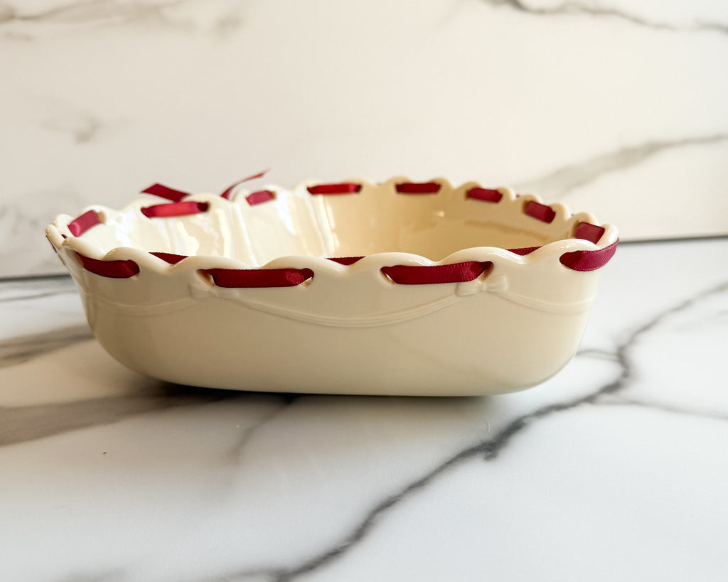 Longaberger Ivory Heart-Shaped Pottery Bowl Embossed Floral Design with Burgundy Ribbon