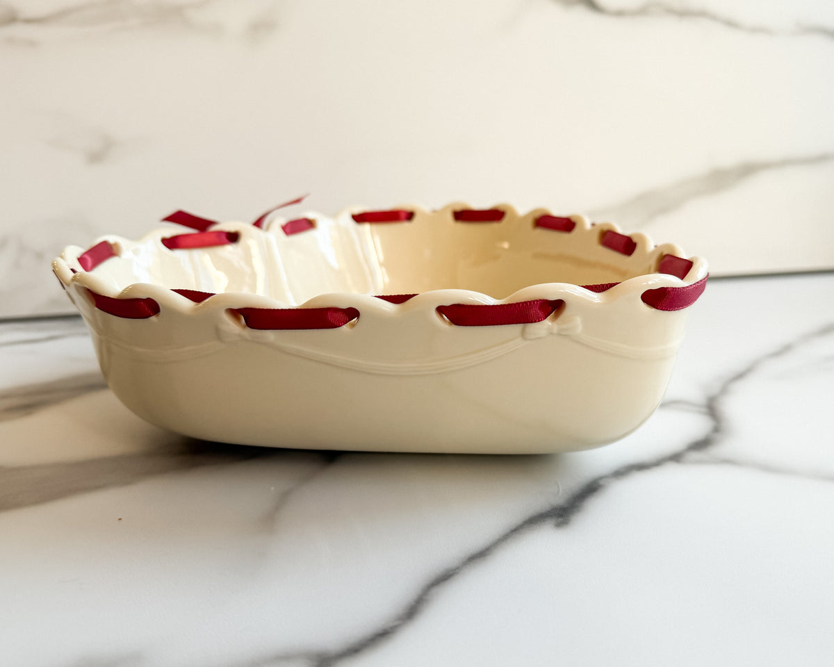 Longaberger Ivory Heart-Shaped Pottery Bowl Embossed Floral Design with Burgundy Ribbon