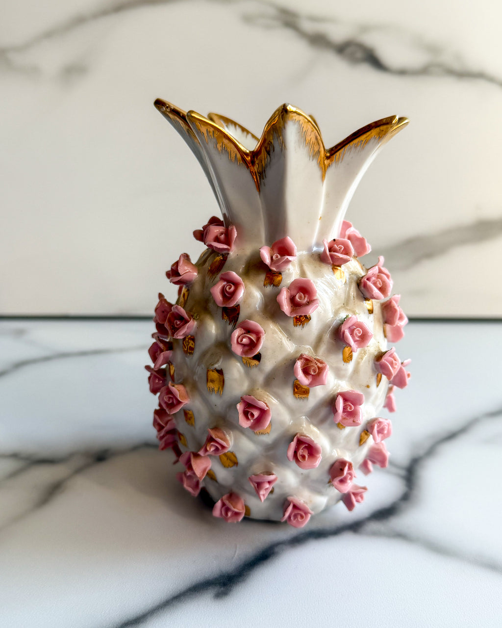 Vintage Lefton China Applied Pink Rosebud Vase Hand Painted Porcelain with Gold Trim KW7283