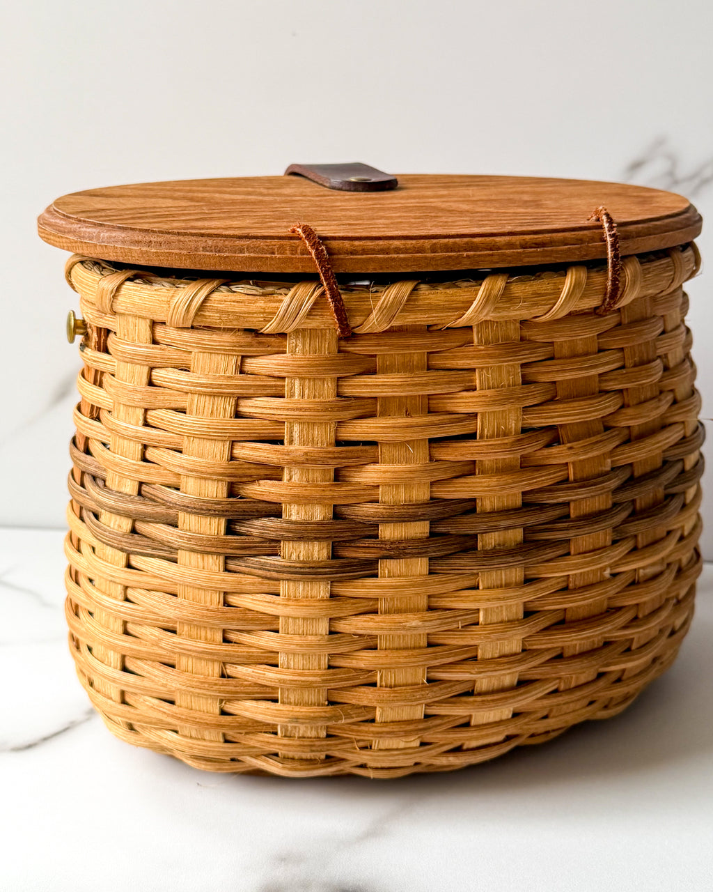 Vintage Woven Wicker Basket with Wooden Lid