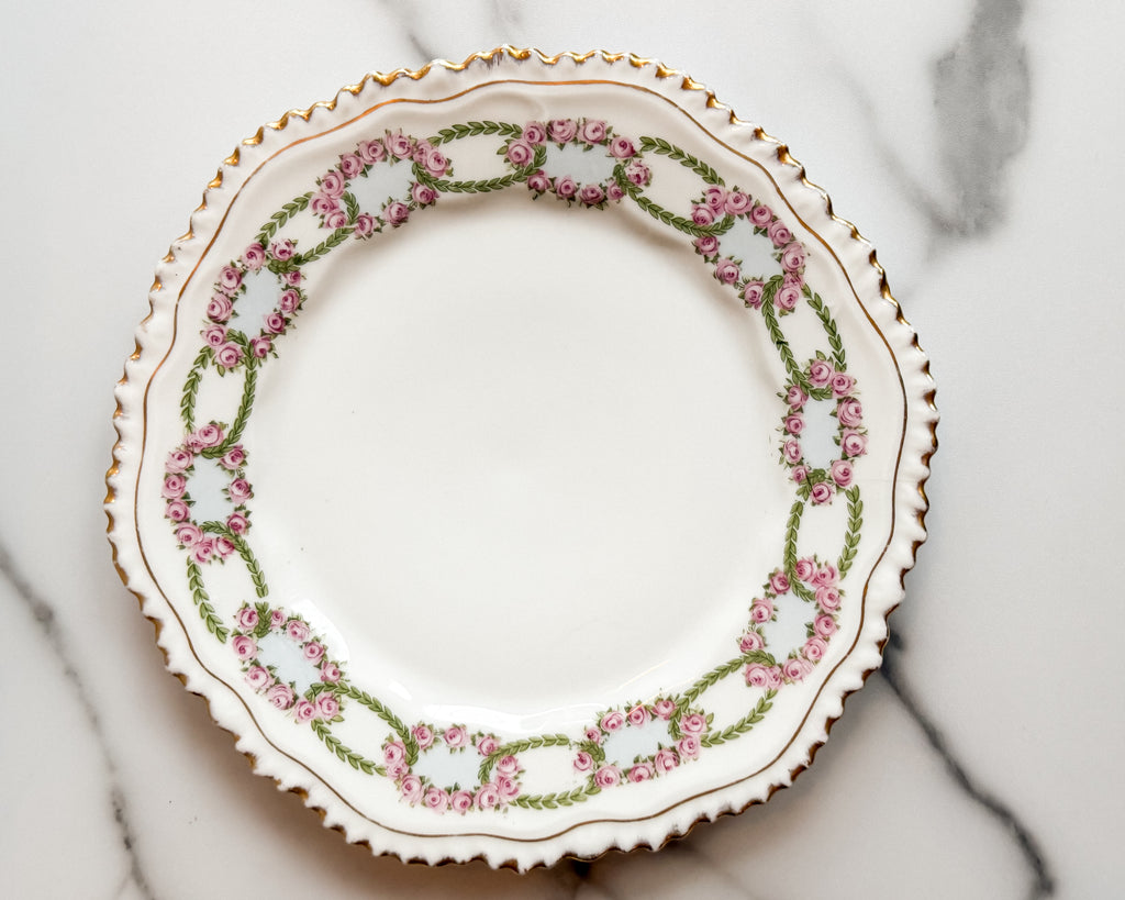 Antique B&P Württemberg Germany Pink Rose Garland Porcelain Plate w Gold Trim