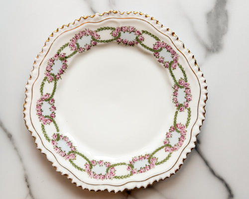 Antique B&P Württemberg Germany Pink Rose Garland Porcelain Plate w Gold Trim