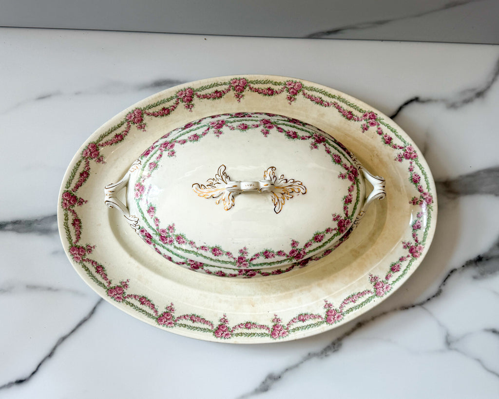 Antique Haddock & Sons Royal Vitreous Covered Tureen with Platter – Pink Floral Garland Transferware, England, 17” Serving Set