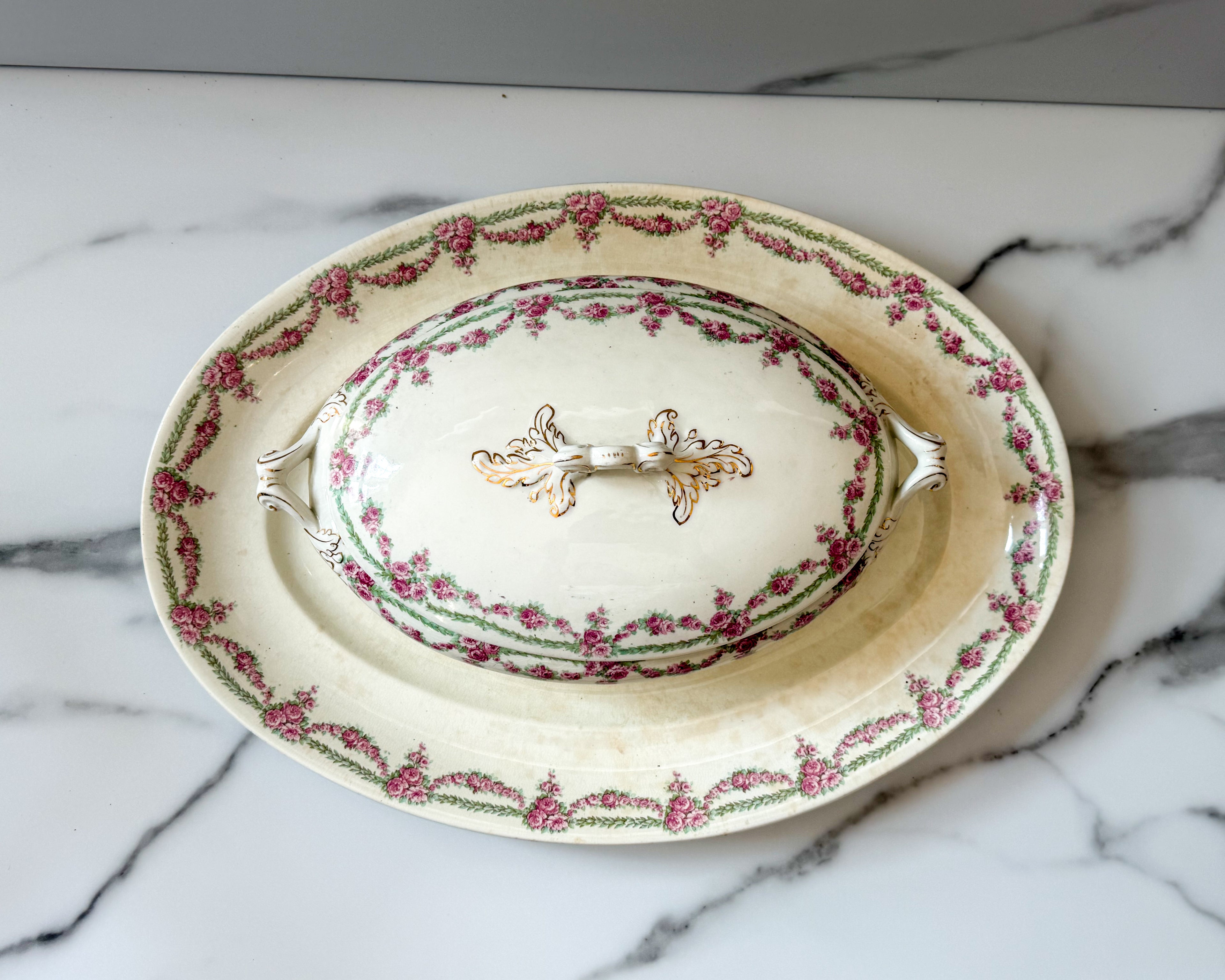 Antique Haddock & Sons Royal Vitreous Covered Tureen with Platter – Pink Floral Garland Transferware, England, 17” Serving Set