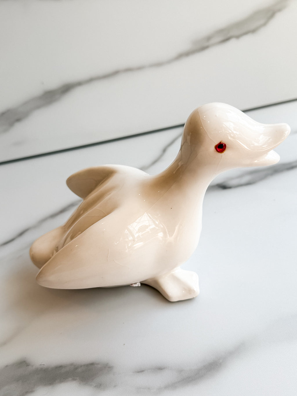 Vintage White Ceramic Duck Figurines with Red Eyes Set of 3