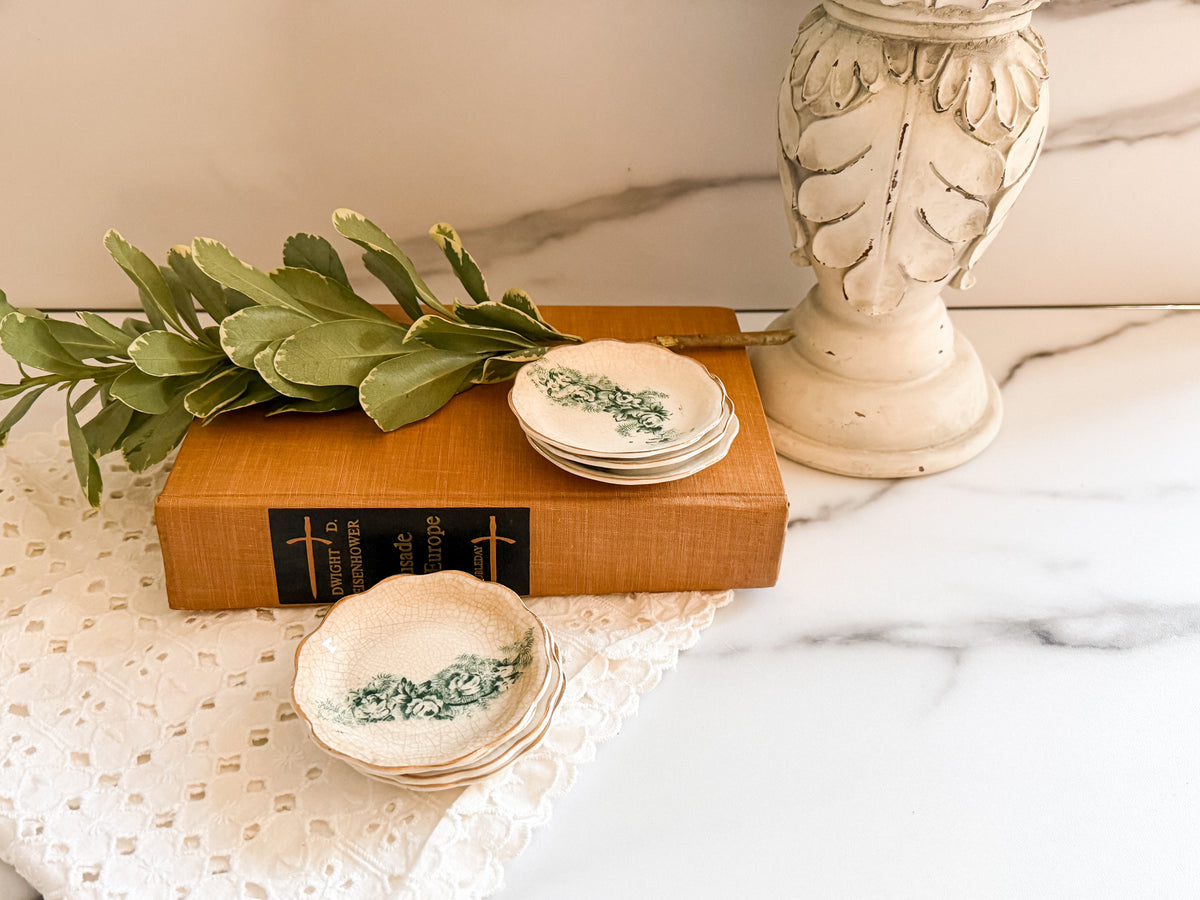 Antique Green Floral Butter Pats Set of 7 Scalloped Gold Trim Mini Dishes, 3”