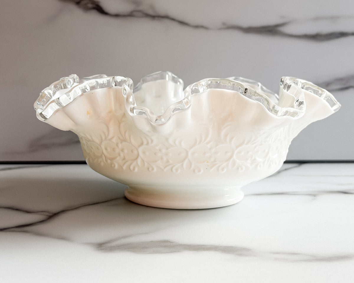 Vintage Fenton Silver Crest Spanish Lace Milk Glass Ruffled Bowl
