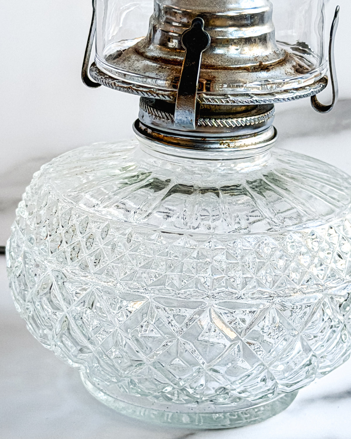 Vintage Austrian Crystal Glass Oil Lamp Diamond Pattern Hurricane Lamp