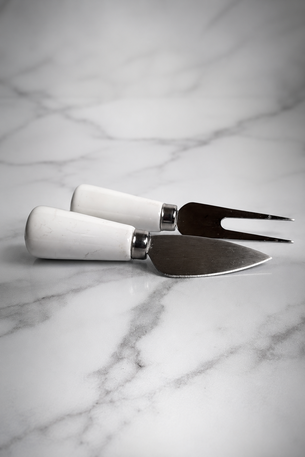 Little White Handle Cheese Knife & Serving Fork Set