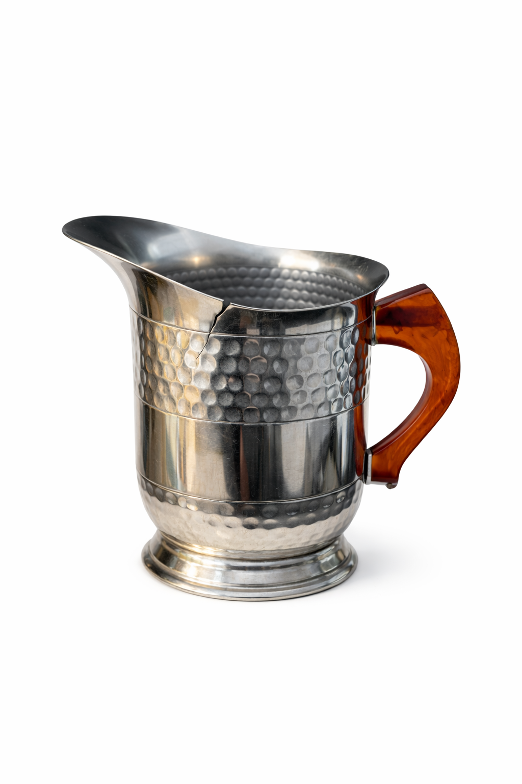 Art Deco Hammered Silverplate Tea Set with Amber Tortoiseshell Bakelite Handles – 3 Piece