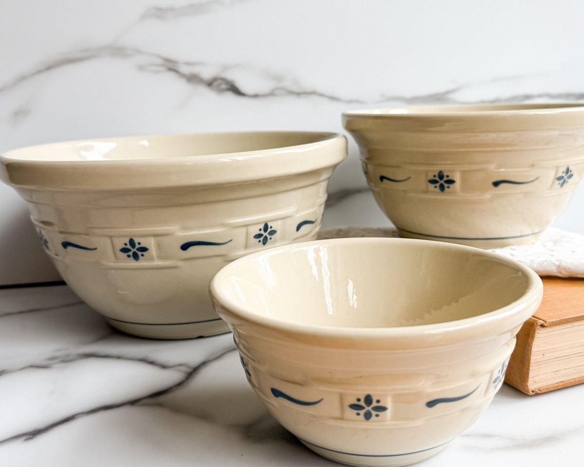 Longaberger Pottery Set of 3 Nesting Mixing Bowls Blue & Ivory 1991