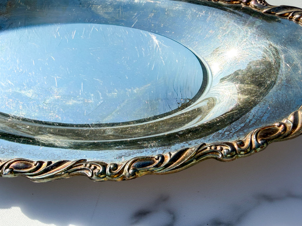 Vintage Silverplate Oval Serving Tray Ornate Scroll Edge 14”
