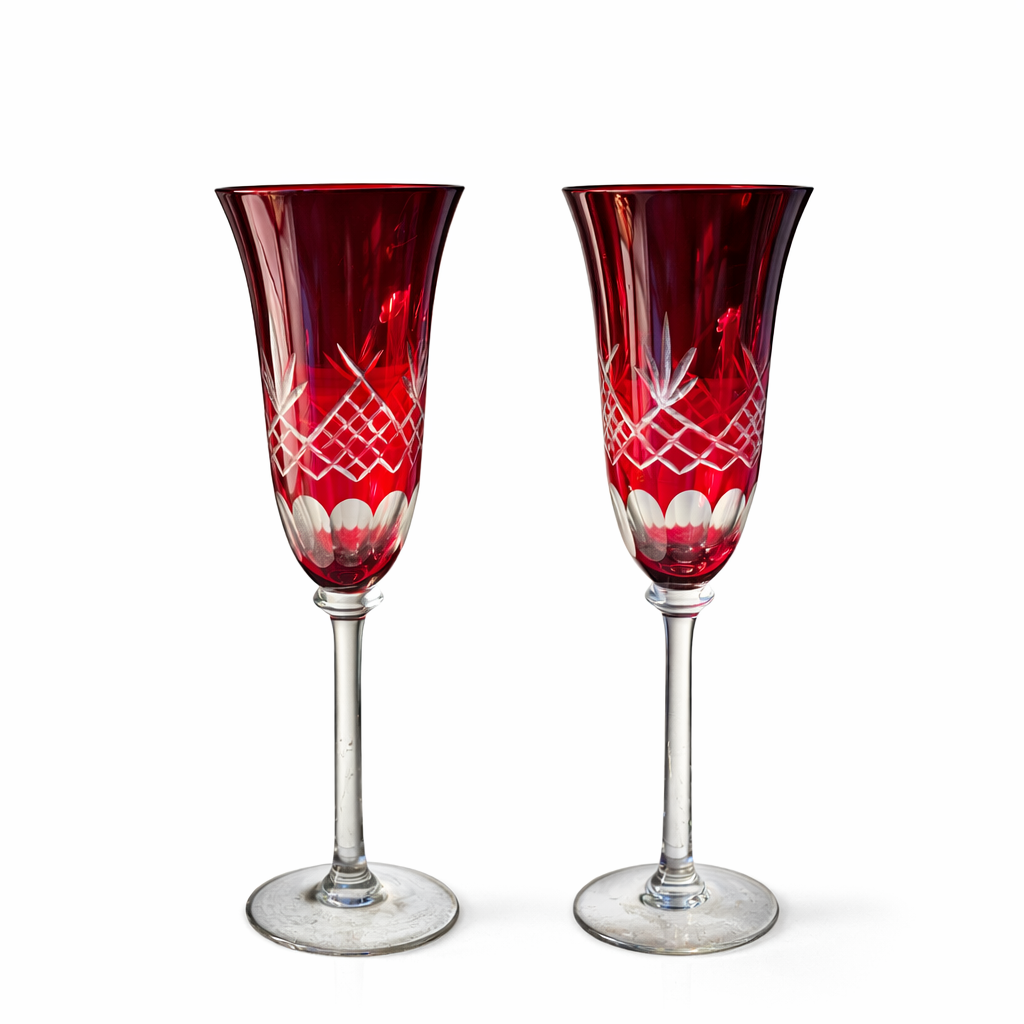 Vintage Ruby Cut Crystal Champagne Flutes – Etched Lattice Stemware (Set of 2)